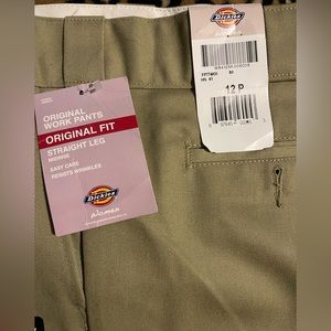 Size 12P khaki dickies. The stiff kind.